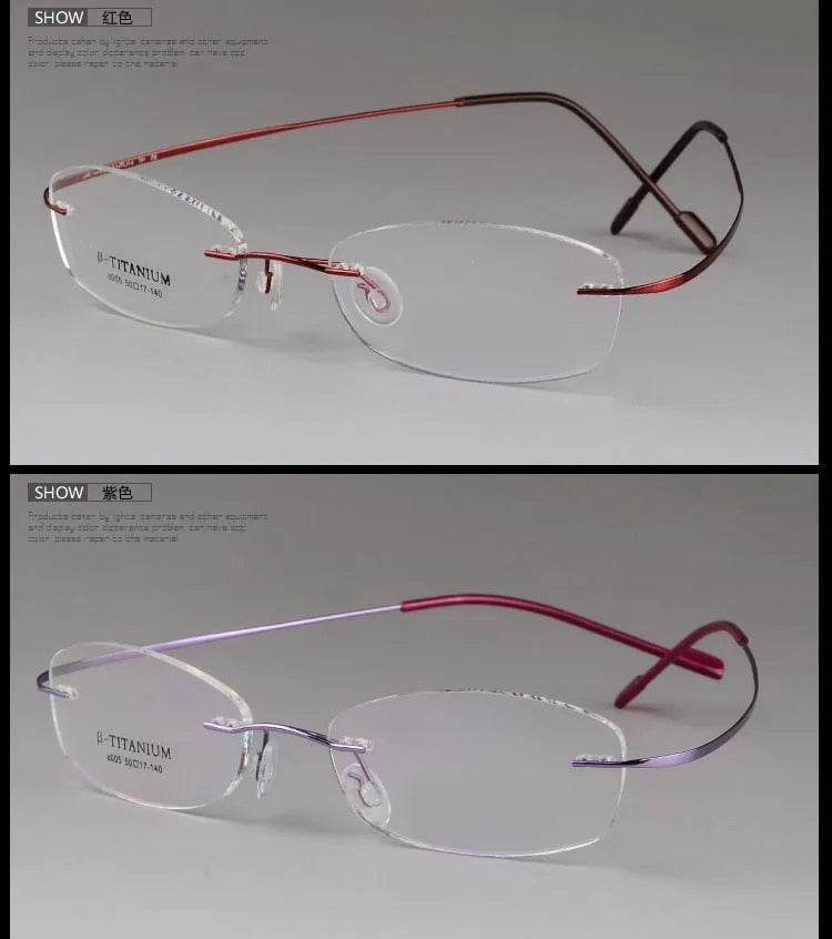 Sunglass Lover titanium rimless optical frame shown in red brown and purple rimless eyeglasses with lightweight temples