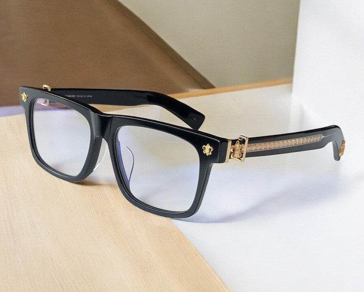 Sunglass Lover black rectangle eyeglasses with gold accents and clear lenses anti blue light glasses for men and women