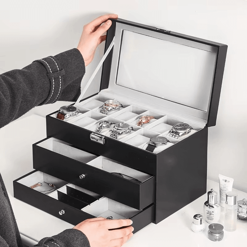12 Slot Faux Leather Lockable Watch Organizer Box, 3-Tier Jewelry & Sunglasses Display Case - Sunglass Lover