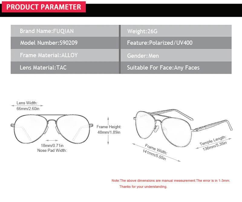 Sunglass Lover aviator driving sunglasses for men diagram showing polarized UV400 alloy frame dimensions
