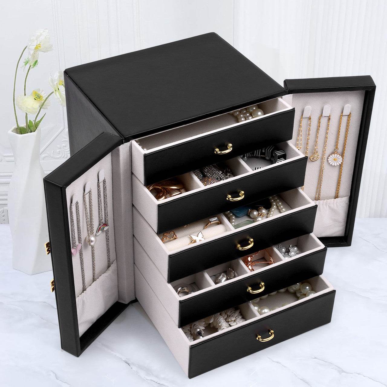 Convenient LuxuryJewellery Box with 5 Levels Large Jewellery Case with Drawer and Watch - Sunglass Lover