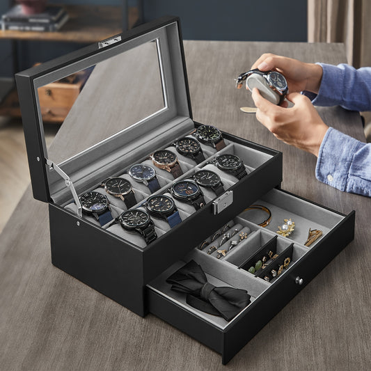 Luxury 12-Slot Wooden Watch Box Organizer | 2-Layer Lockable Watch Case