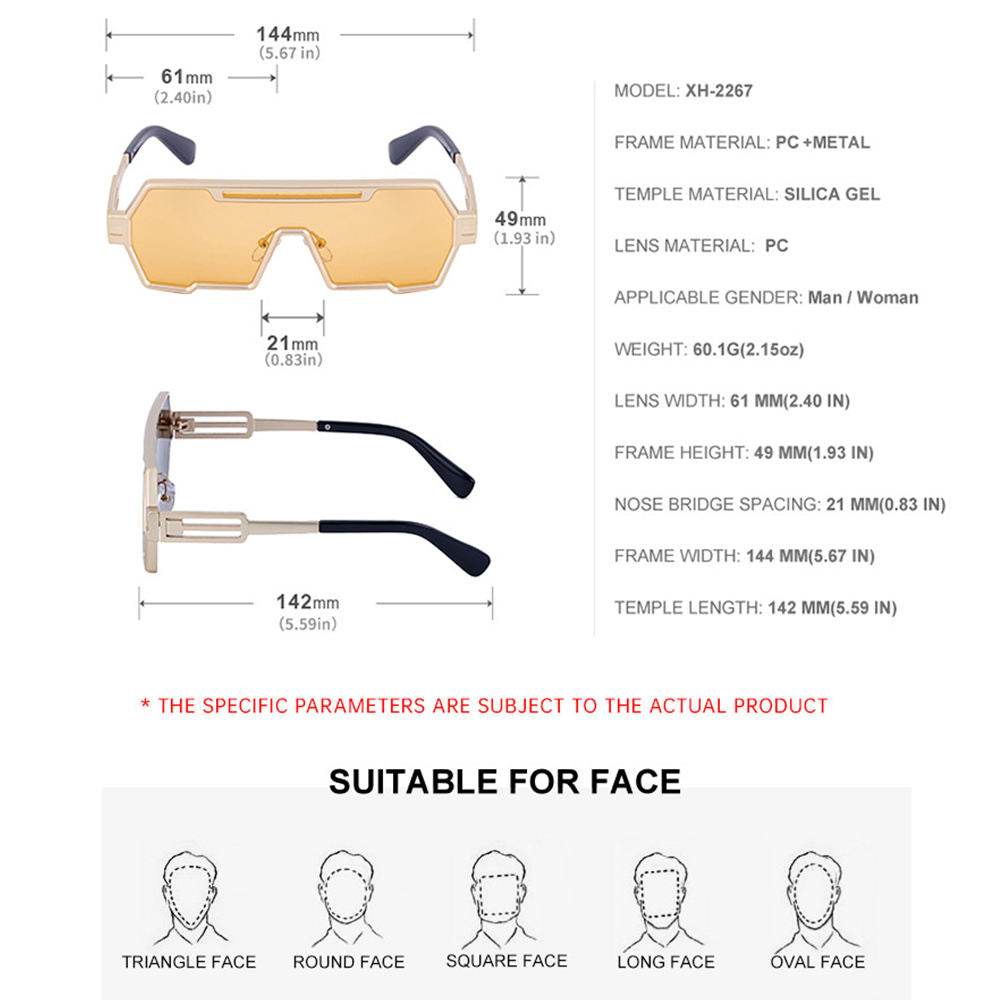 Sunglass Lover gold rectangle sunglasses technical diagram with measurements and face guide, Martin square sunglasses for men.