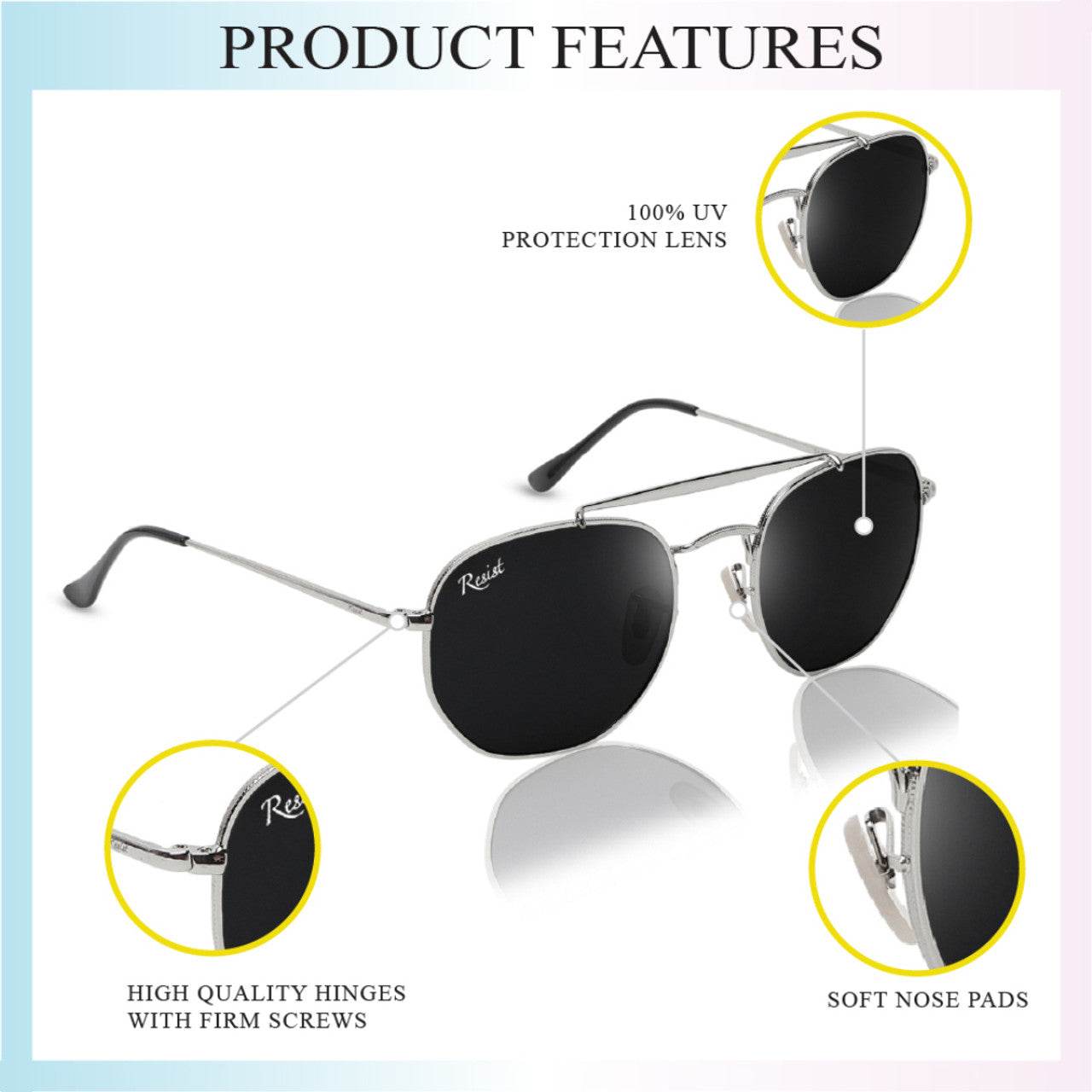 Classic Hexagonal Rectangular Sunglasses (56 mm, Silver Frame) - Sunglass Lover