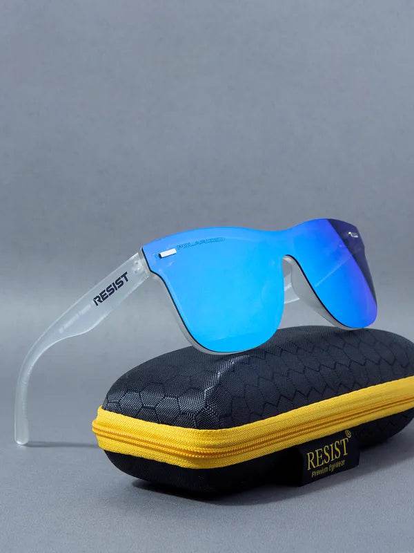 Sunglass Lover rimless blue mirror sunglasses for men with clear temples and black yellow zip case