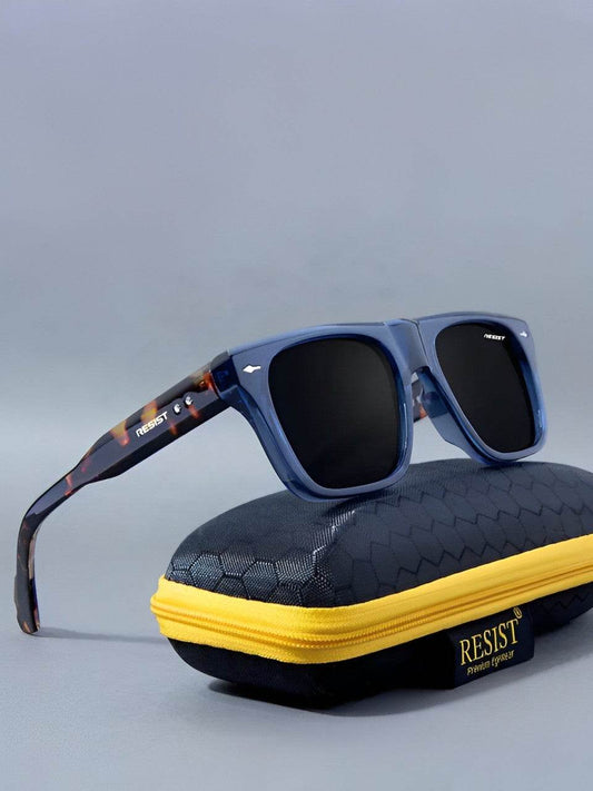 Sunglass Lover crystal blue wayfarer sunglasses square frame on navy textured case with yellow zipper
