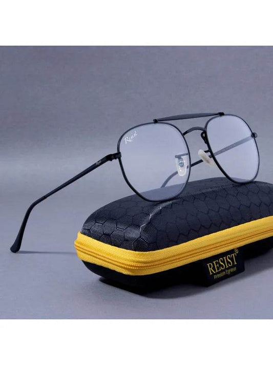 Sunglass Lover black metal aviator eyeglasses on black case with yellow zipper photochromic day night glasses