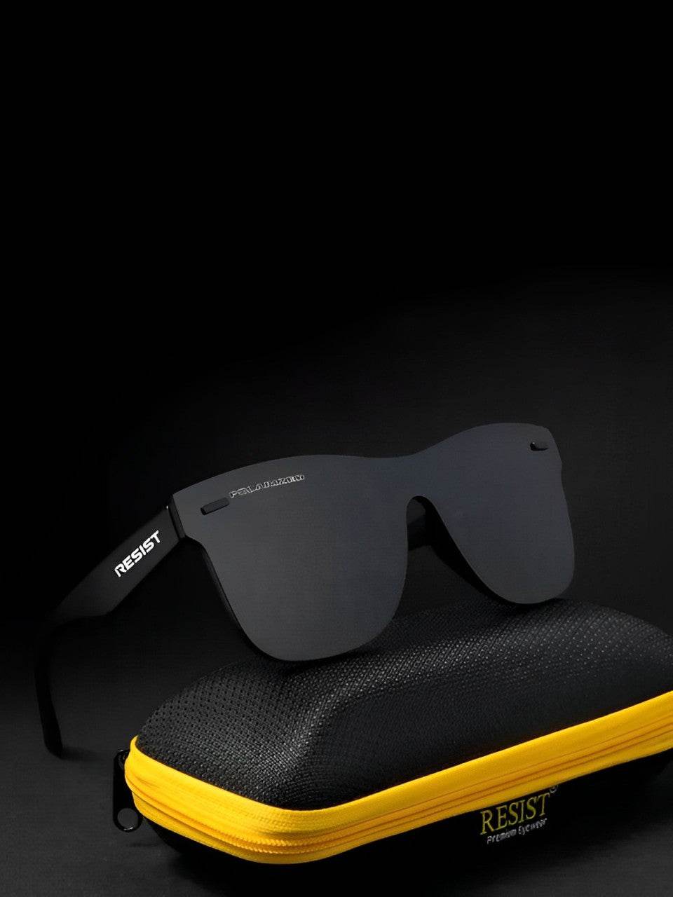 Sunglass Lover polarized wayfarer sunglasses matte black shield lenses on textured black case with yellow zipper