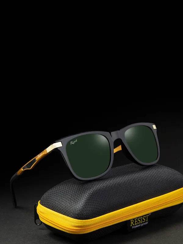 Sunglass Lover unisex wayfarer green sunglasses with black frame green lenses and gold temple accents on yellow zip case
