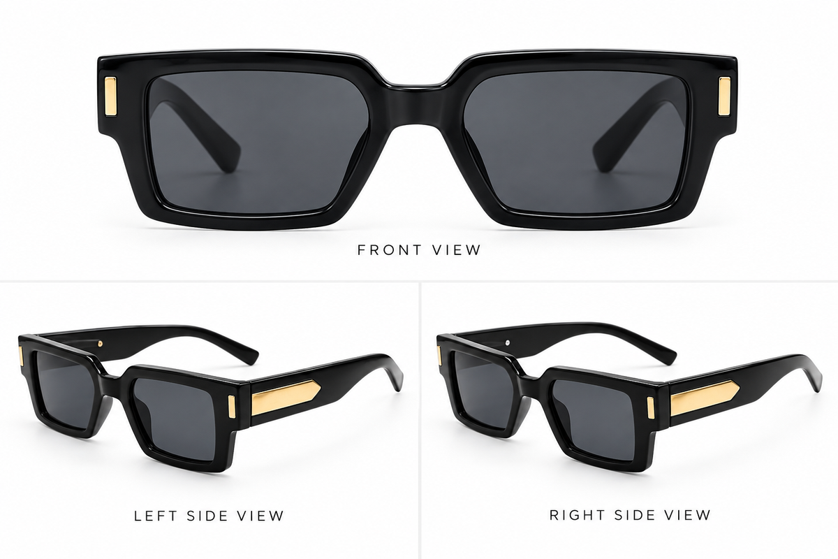 Men’s Black Rectangular Sunglasses | Premium Gold Accent