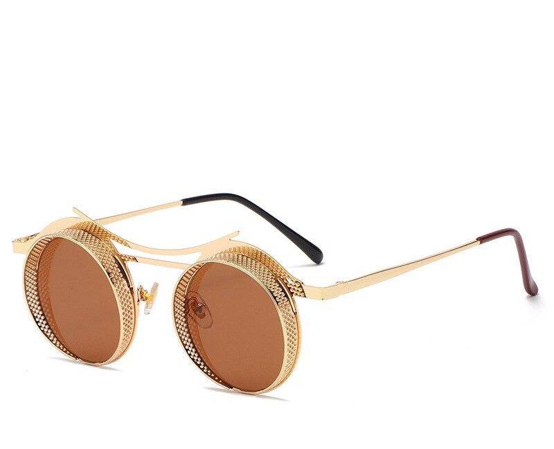 Sunglass Lover round steampunk sunglasses gold metal frame brown lenses decorative mesh detail