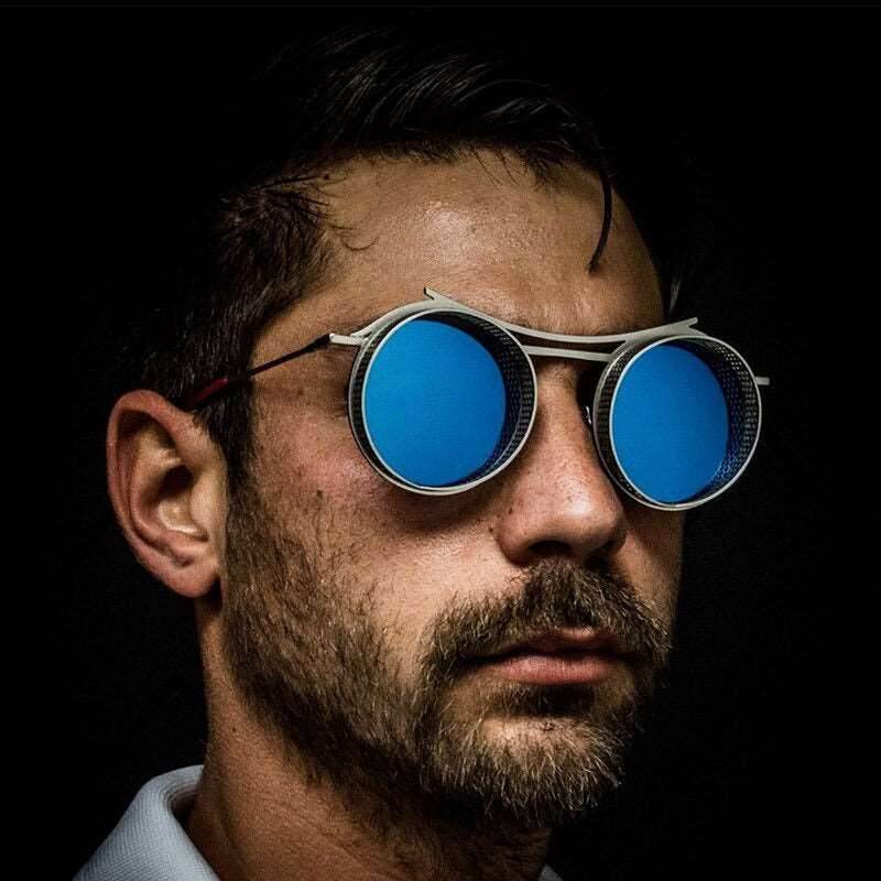 Sunglass Lover round steampunk sunglasses silver metal frame with blue mirrored lenses on male model