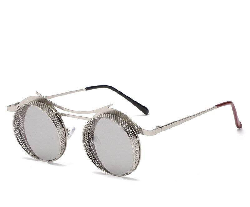 Sunglass Lover silver metal round steampunk sunglasses with mirrored lenses decorative perforated rims