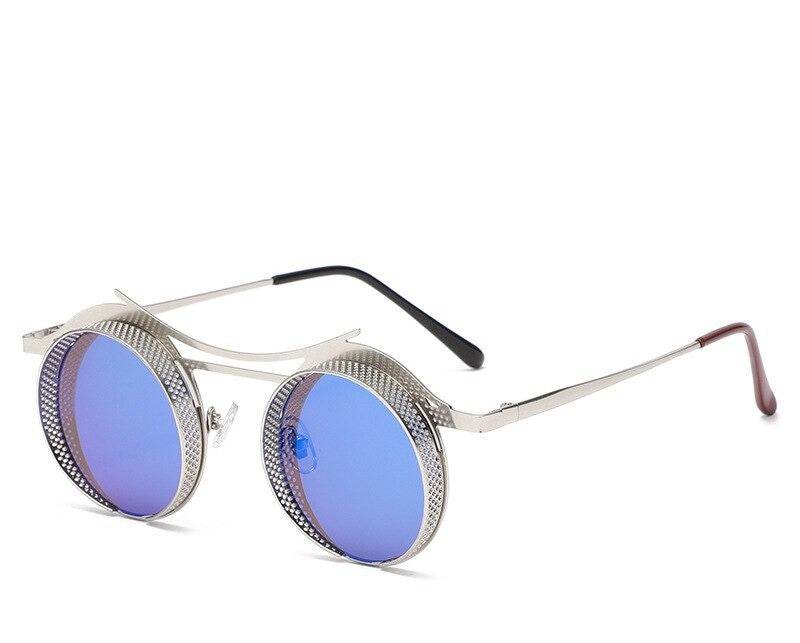 Silver metal Sunglass Lover round steampunk sunglasses with blue mirrored lenses and textured rims