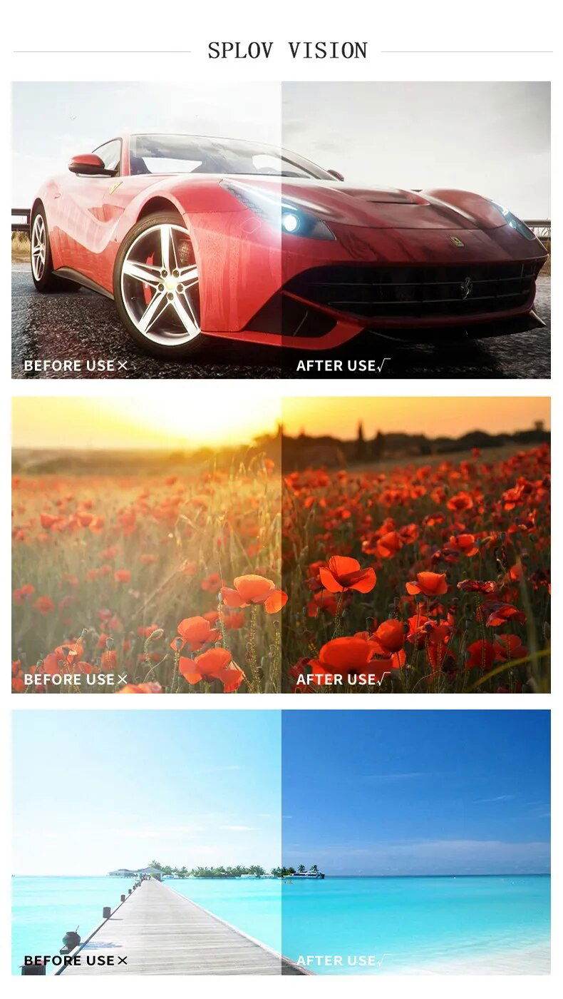 Sunglass Lover retro oval vintage sunglasses showing before and after lens effect on car flowers and beach scenes