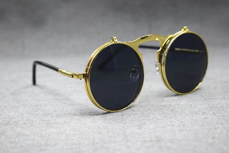 Sunglass Lover gold round metal sunglasses with dark lenses and flip up sunglasses convertible design