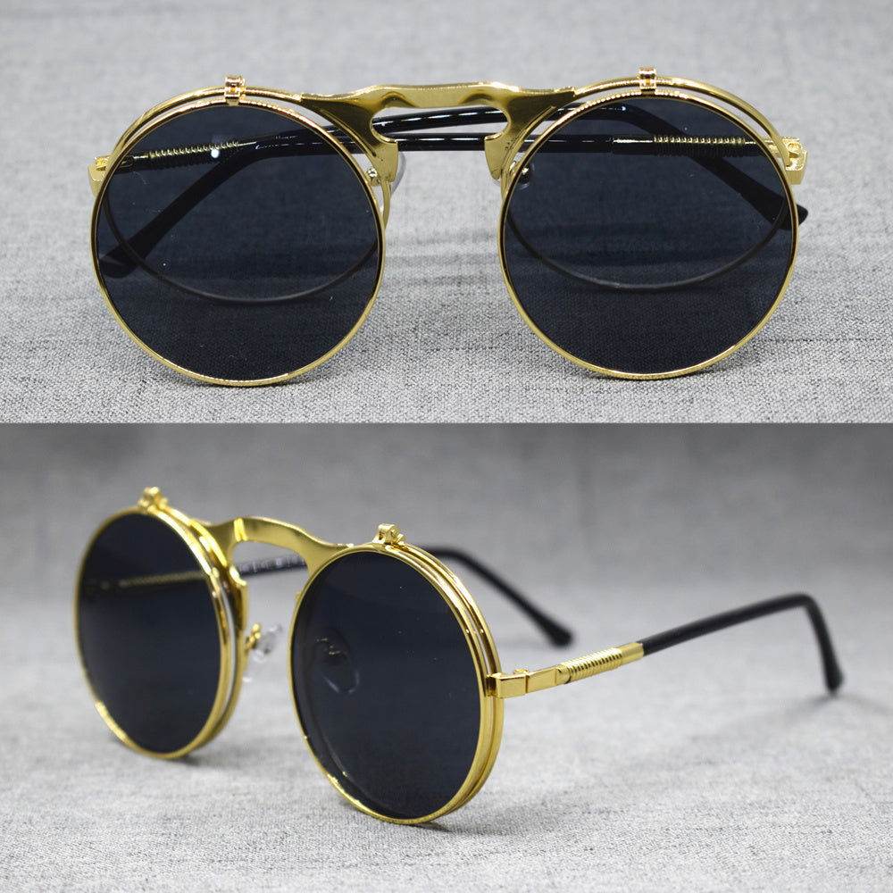 Sunglass Lover gold round metal sunglasses with dark lenses and flip up sunglasses for vintage steampunk look
