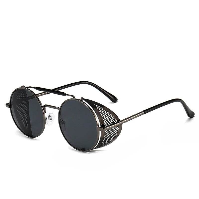 retro vintage round sunglasses black metal frame with perforated side shields and adjustable nose pads