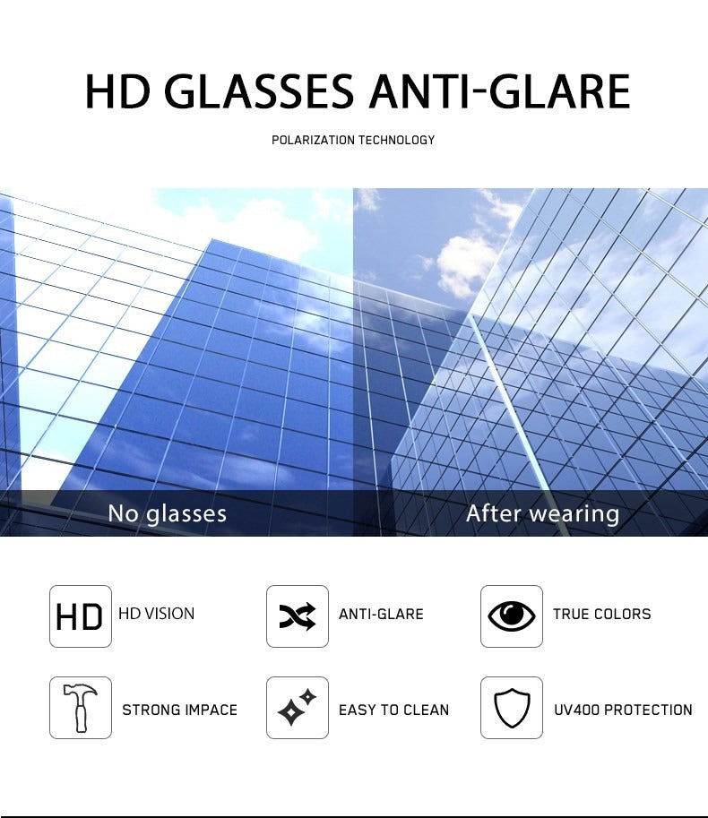 Sunglass Lover HD anti glare comparison showing clearer skyscraper reflection and icons with oversized sunglasses for men and women
