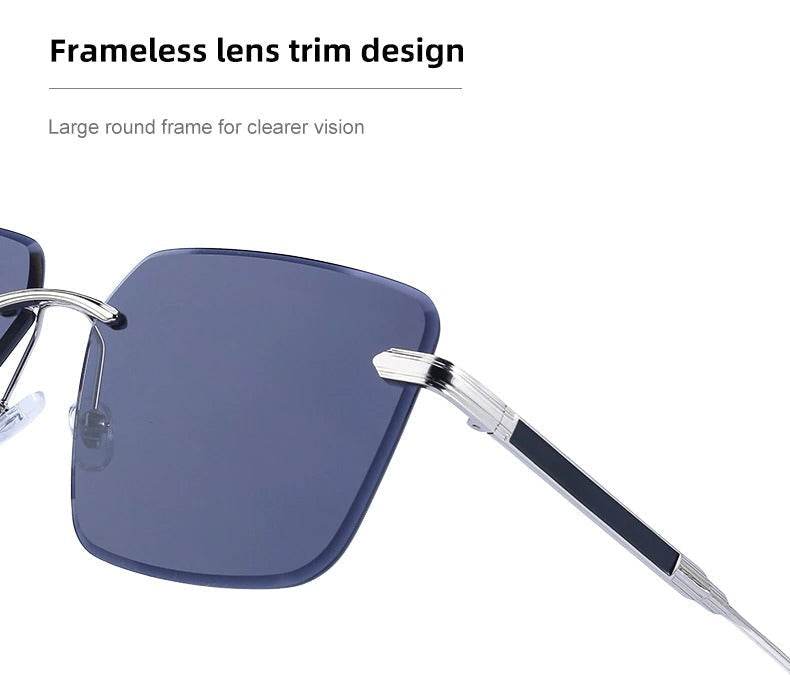 Sunglass Lover oversize square rimless sunglasses with blue square lenses and silver temples close up