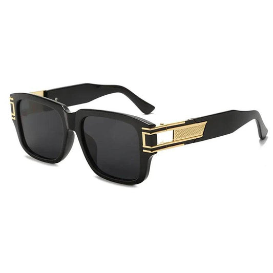 Sunglass Lover black frame unisex square sunglasses with dark lenses and gold decorative temples