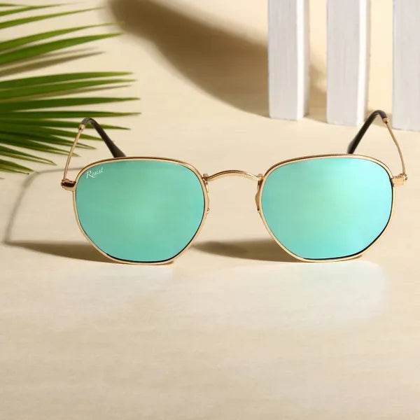 Sunglass Lover hexagonal blue reflector sunglasses with gold metal frame and mint mirrored lenses