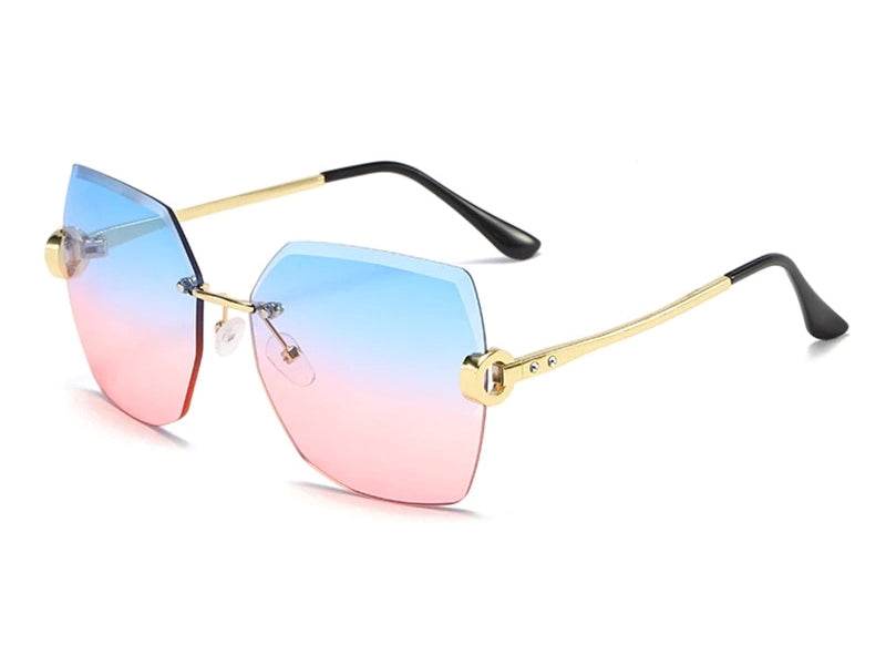 Sunglass Lover gradient blue to pink hexagonal lenses gold temples ladies rimless sunglasses online black tips