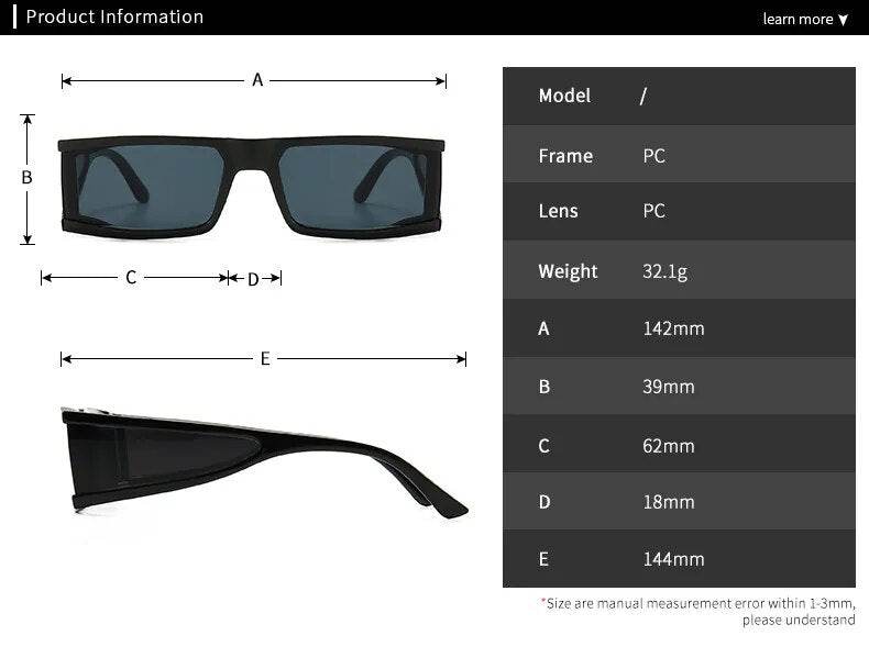 Sunglass Lover black retro rectangle sunglasses for women showing front and side views with measurements