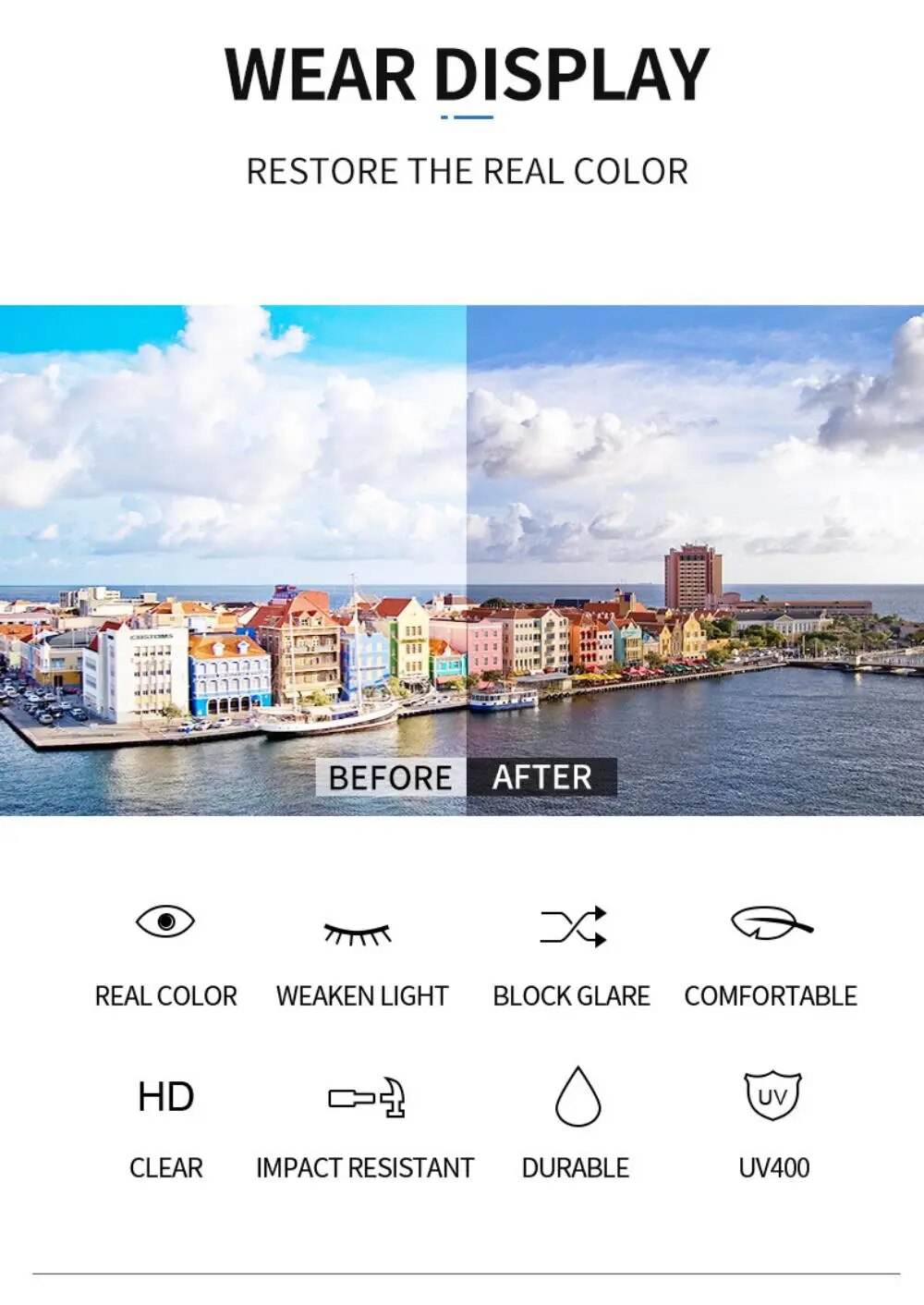 Sunglass Lover product image showing before and after coastal city view with lens feature icons vintage punk metal sunglasses