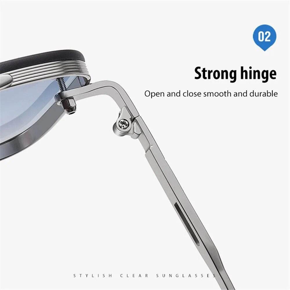 Close up of silver frame hinge on Sunglass Lover designer metal sunglasses for men showing durable arm