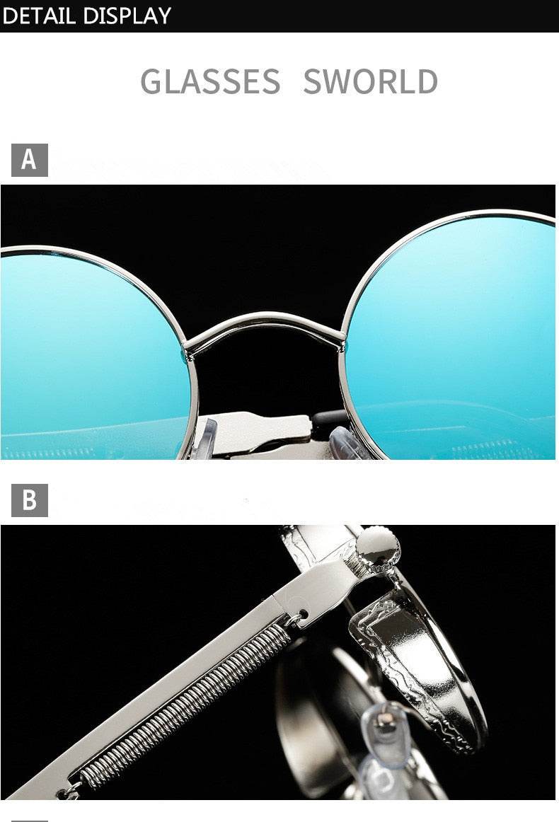 Sunglass Lover retro round sunglasses India silver metal frame with blue mirrored lenses close up hinge detail