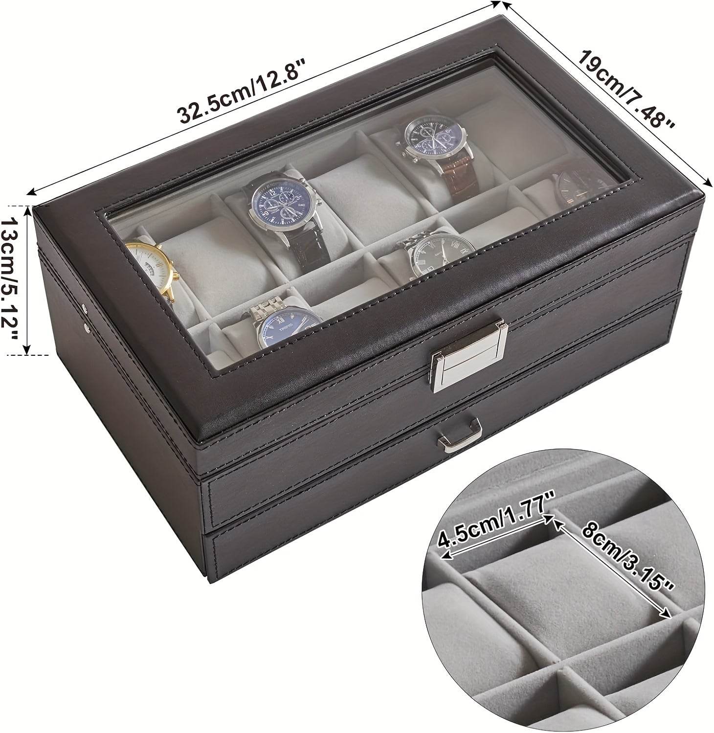 Deluxe 12-Slot Watch & Jewelry Storage Box – Faux Leather Organizer - Sunglass Lover
