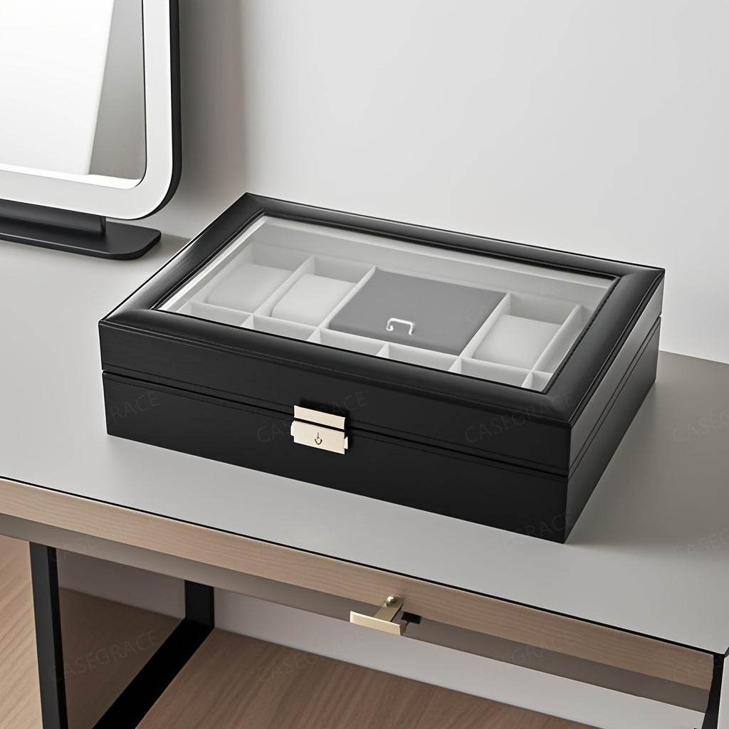 Elegant Black Flip-Top Jewelry Box – 8-Slot Faux Leather Storage Case - Sunglass Lover