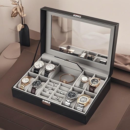Watch and jewelry display case with multiple watches and jewelry items on a wooden surface.