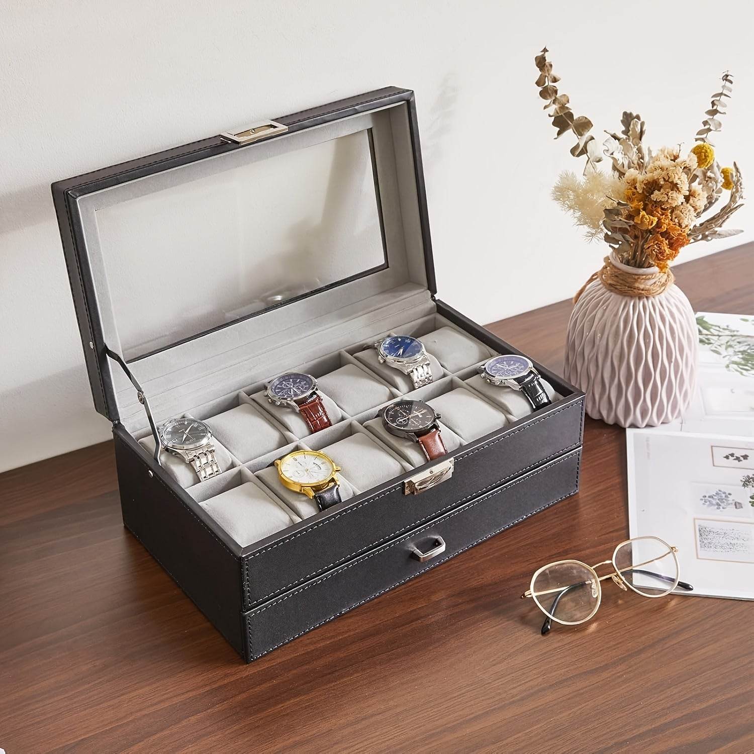Deluxe 12-Slot Watch & Jewelry Storage Box – Faux Leather Organizer - Sunglass Lover