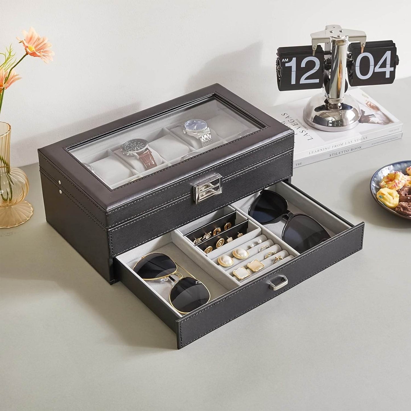 Deluxe 12-Slot Watch & Jewelry Storage Box – Faux Leather Organizer - Sunglass Lover