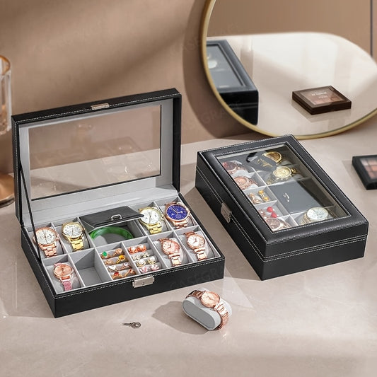 Two black jewelry boxes with watches on a beige surface.