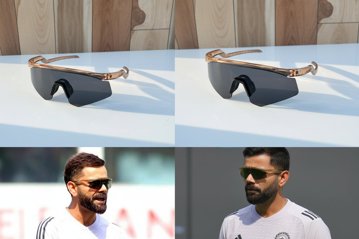 Collage of sunglasses with a focus on design and use, featuring athletes wearing the sunglasses.