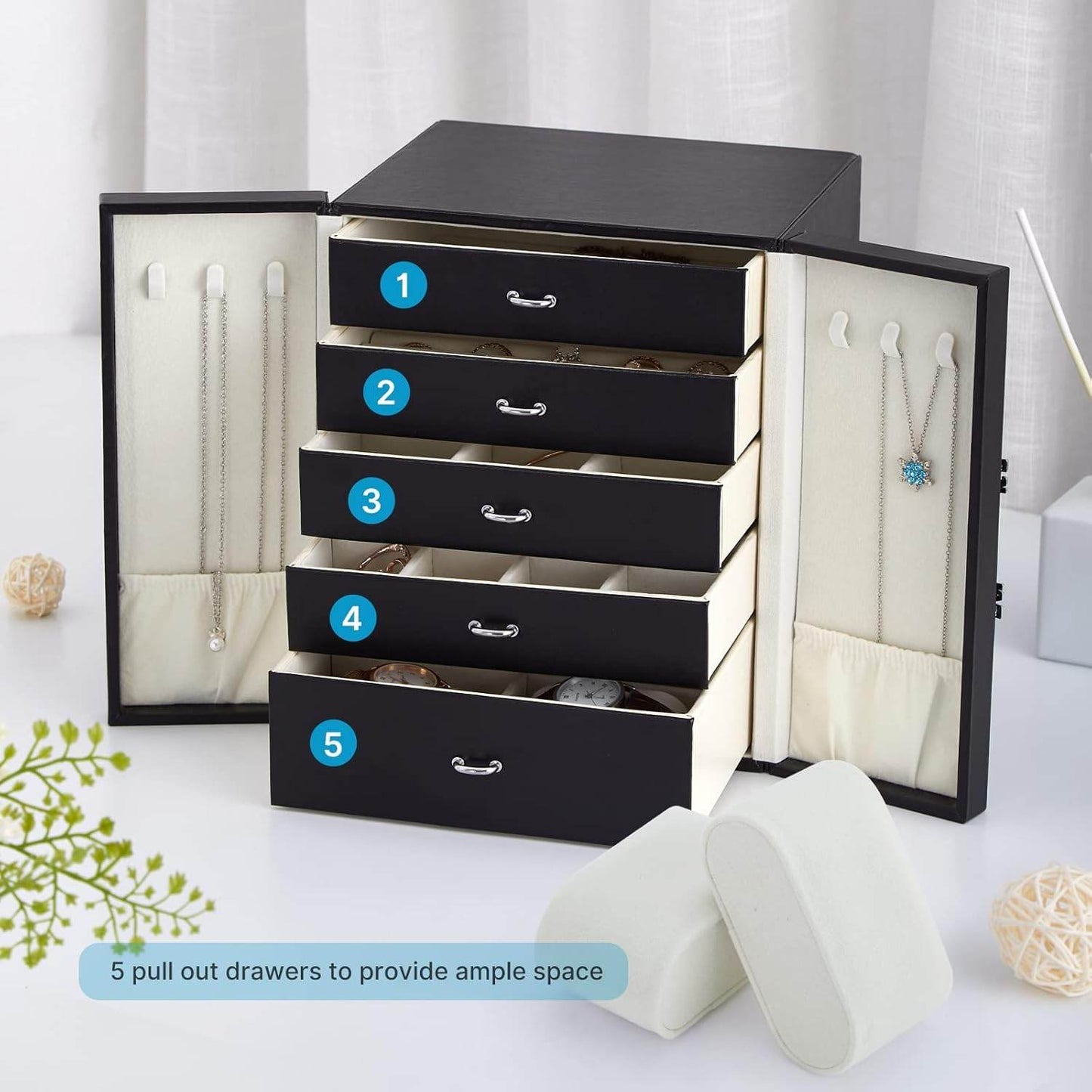 Convenient LuxuryJewellery Box with 5 Levels Large Jewellery Case with Drawer and Watch - Sunglass Lover