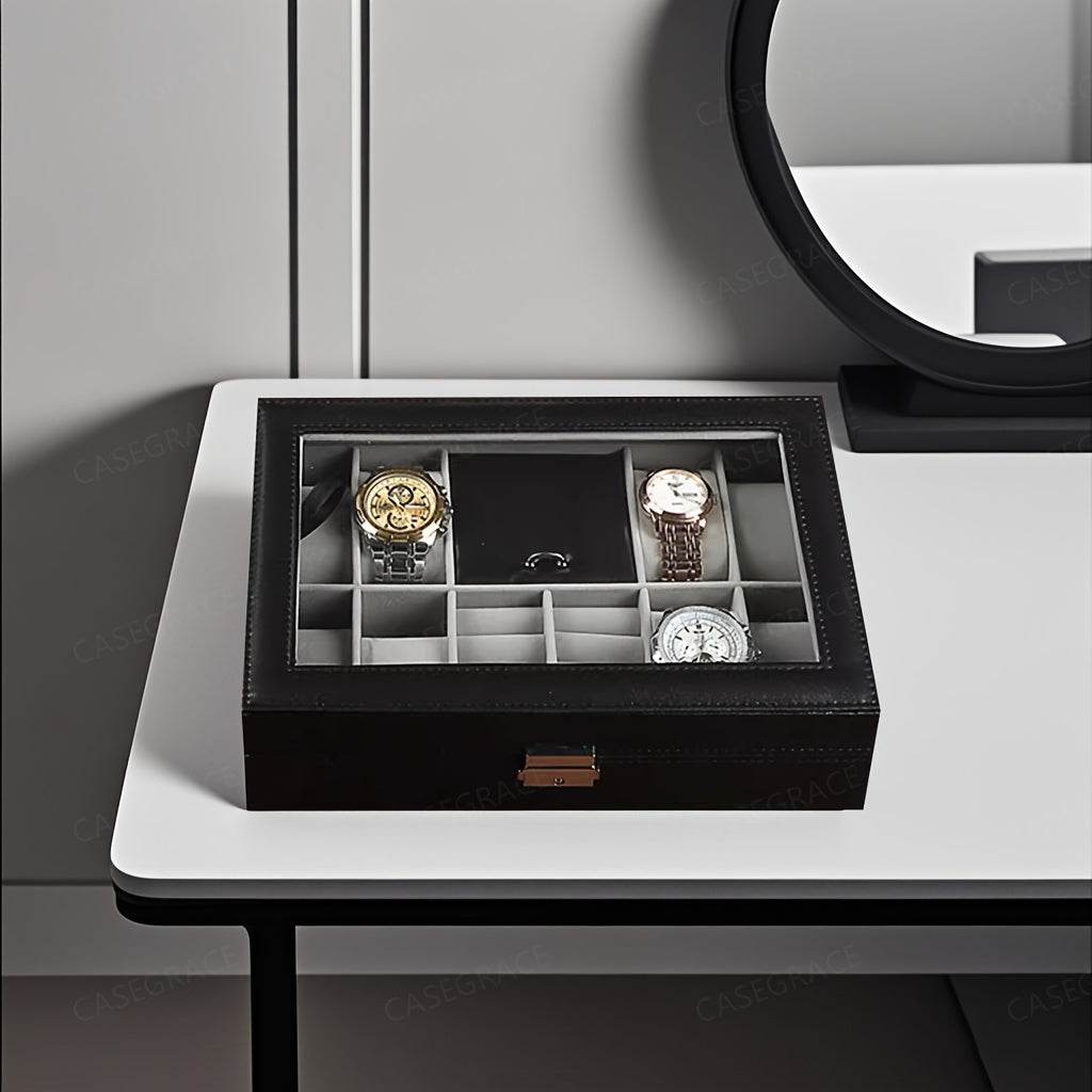 Elegant Black Flip-Top Jewelry Box – 8-Slot Faux Leather Storage Case - Sunglass Lover