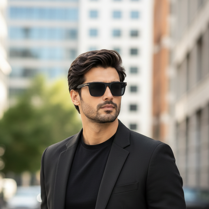 A collage of four photos showing a man wearing black rectangular sunglasses with a slight gold accent on the hinge, dressed in a black blazer.