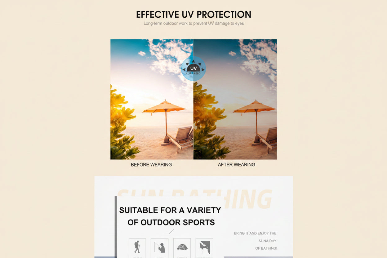 Product advertisement for UV protection with beach scene and icons indicating outdoor activities.