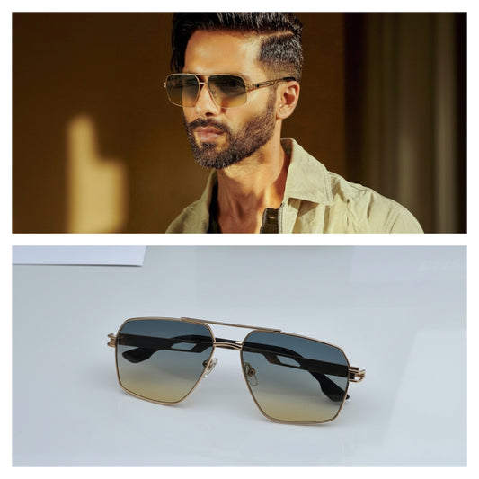 Man wearing sunglasses with a close-up of the same sunglasses on a white background