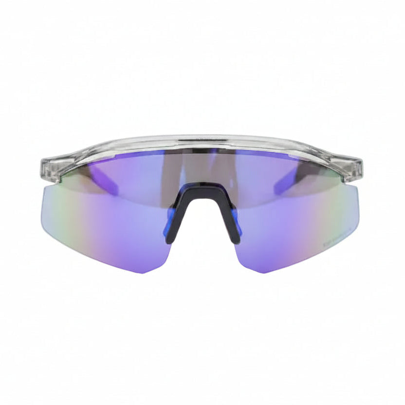 Sunglasses with reflective purple lenses on a white background