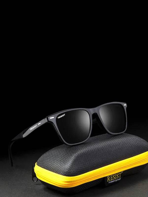 Sunglass Lover UV protection oval square sunglasses black square frame dark lenses on textured black case with yellow zipper