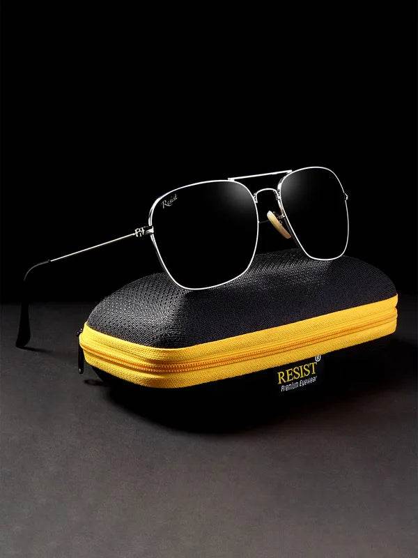 Sunglass Lover rectangle sunglasses for men in silver frame with black lenses resting on black case with yellow zipper