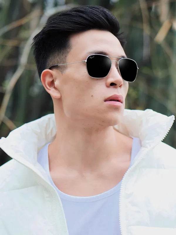 Sunglass Lover rectangle sunglasses for men on model with black lenses silver frame casual outdoor