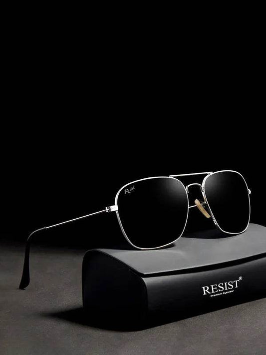 Silver metal rectangle sunglasses for men by Sunglass Lover with black lenses on a black RESIST case