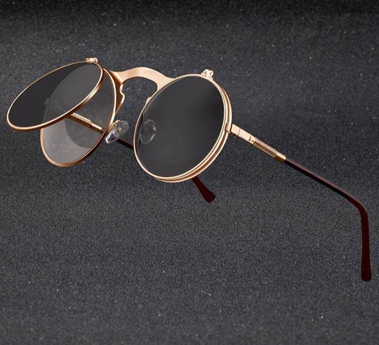 Vintage Retro Round Steampunk Flip Up Sunglasses - Sunglass Lover