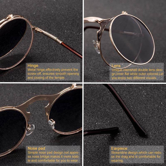 Vintage Retro Round Steampunk Flip Up Sunglasses - Sunglass Lover